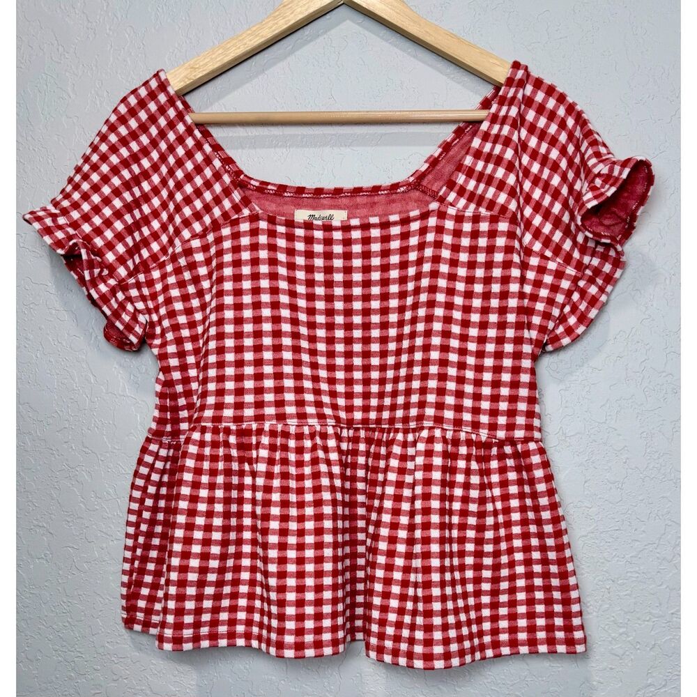 Madewell Red Gingham Peplum Flutter Sleeve Cottagecore Coquette Picnic Preppy